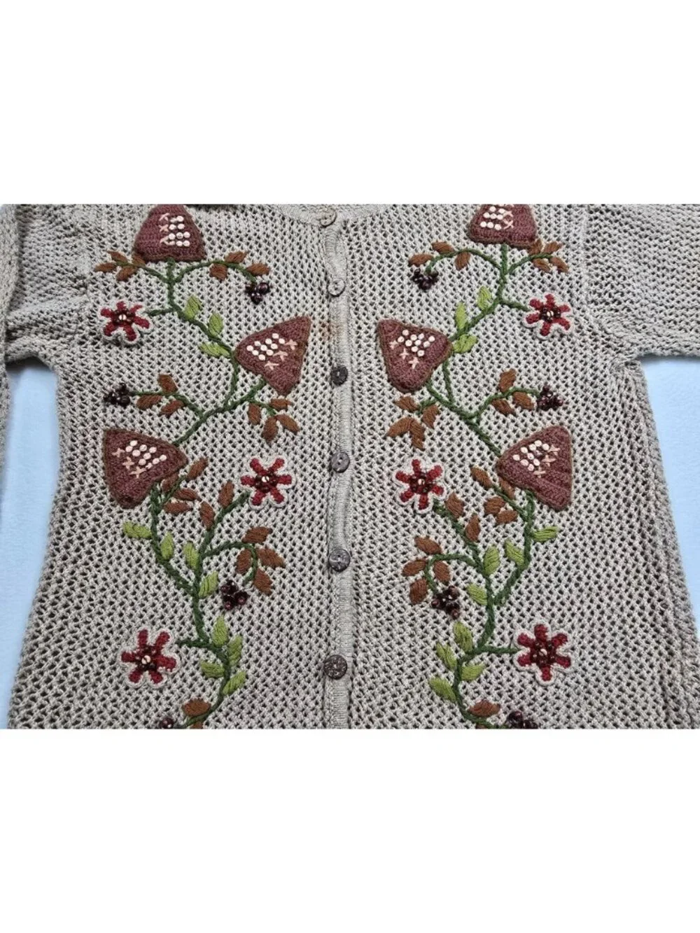 Vtg Cottage Core Jantzen Beige Knit Cardigan Embroidered Mushrooms Floral Small - Picture 3 of 6
